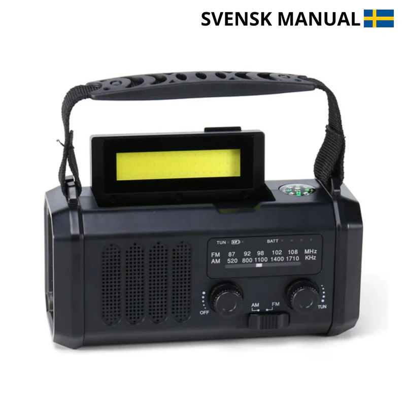 Nödradio Pro - 10,000mAh inbyggd Powerbank, Kompass, Ficklampa och Solceller