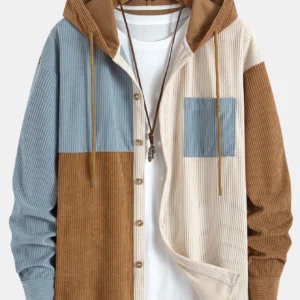 Relax fit colorblock corduroy hooded shirt