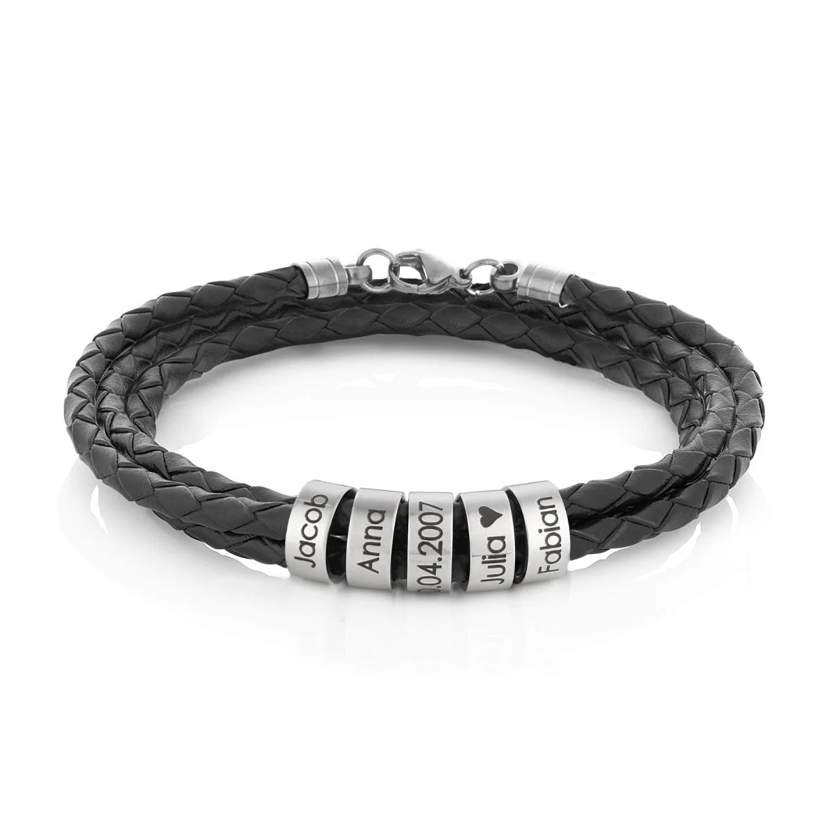 Leather bracelet with engraved rings